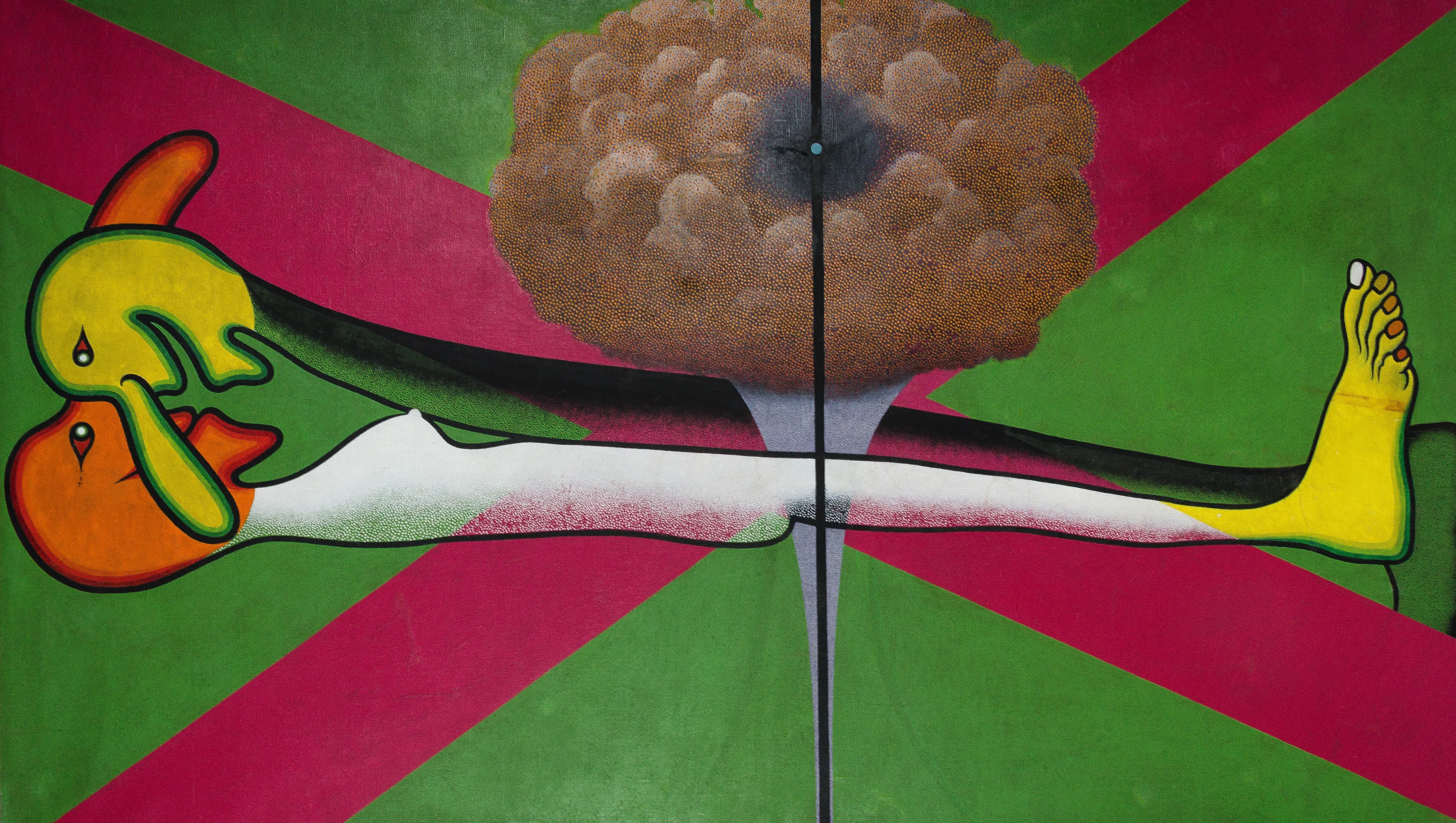 Abstract painting with a reclining figure, a large brown cloud-like shape, and vibrant green and pink background