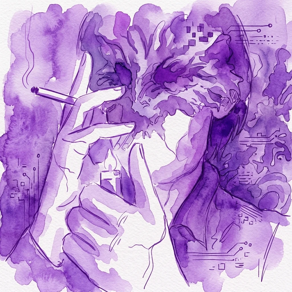 Purple watercolor and ink portrait showing intertwined figures and hands with scattered circuit-board motifs, evoking digital-era identity from Adam Kozicki's War of All Against All exhibition.