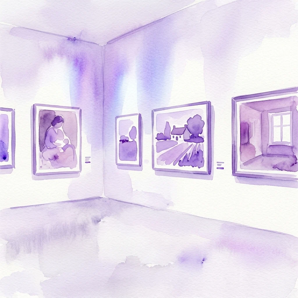 Akwarelowa ilustracja narożnika galerii z czterema oprawionymi obrazami przedstawiającymi sceny domowe i wiejskie krajobrazy w delikatnych fioletowych odcieniach.