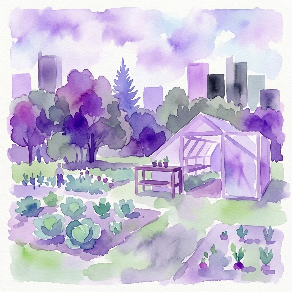 Akwarelowa ilustracja ogrodu miejskiego z małą szklarnią, grządkami warzyw i zieleniny, drzewami oraz fioletową panoramą miasta na tle lawendowego nieba.