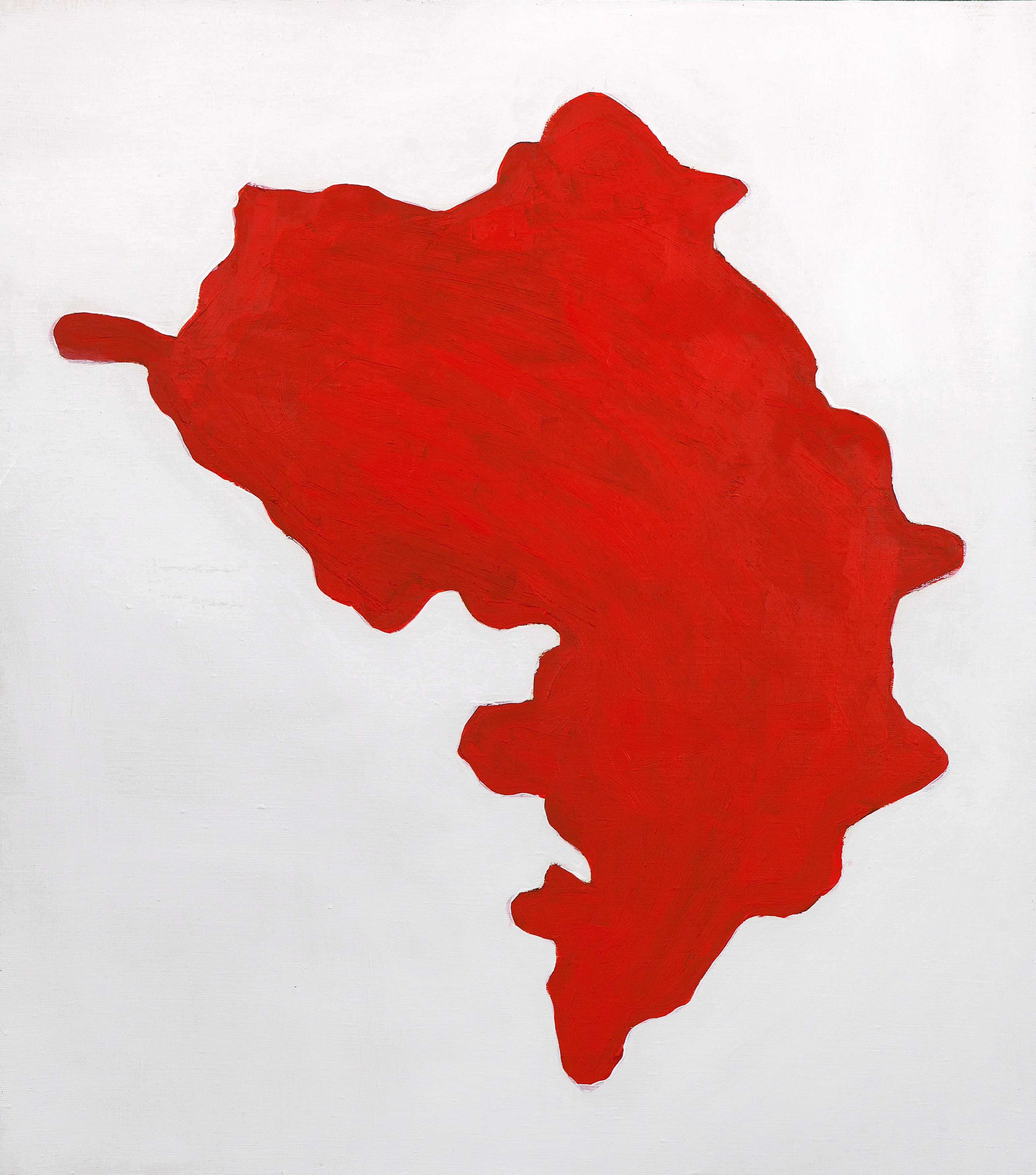 A red abstract painting shaped like the map of Nagorno-Karabakh on a white background