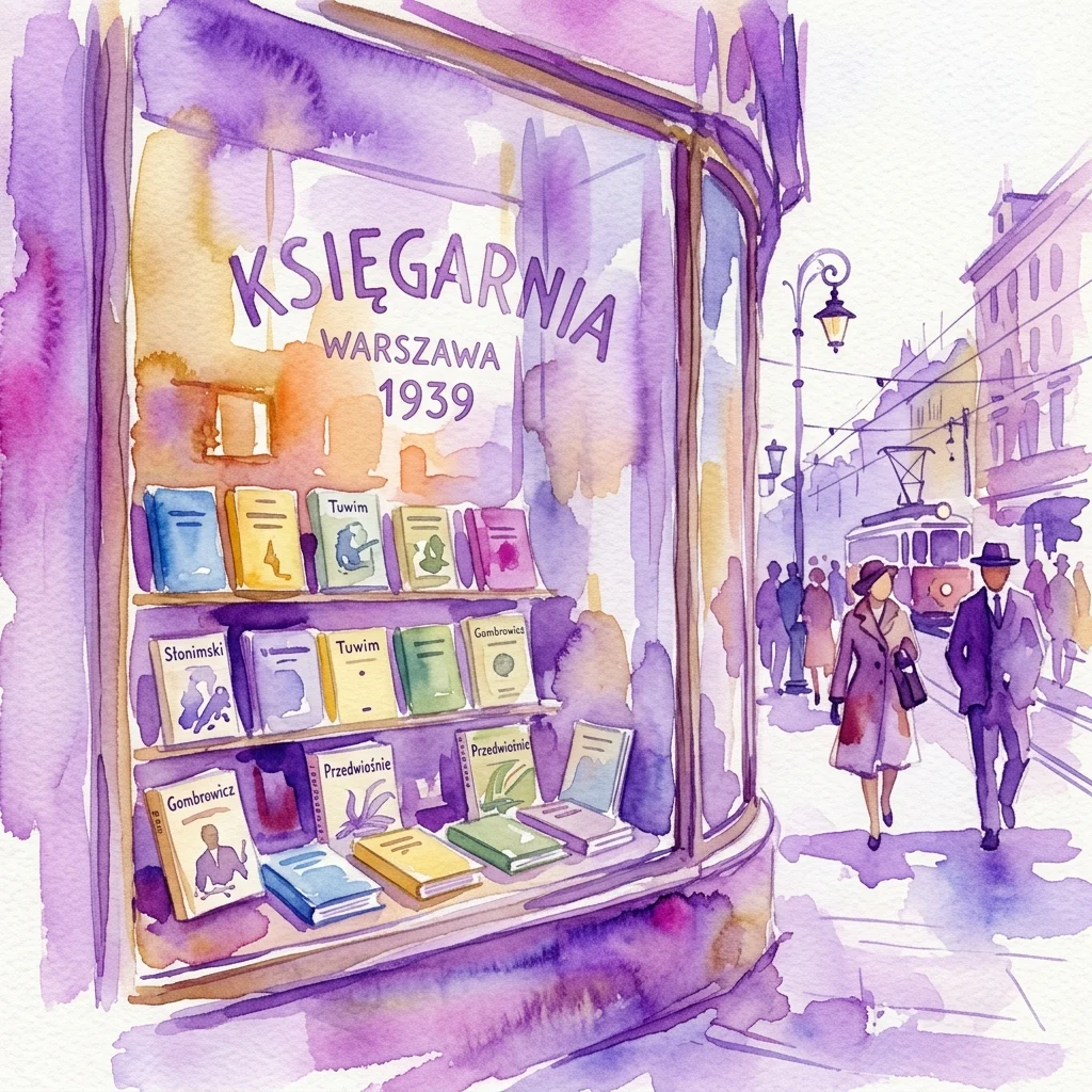 Ilustracja akwarelowa witryny warszawskiej księgarni z 1939 roku, prezentująca książki autorów takich jak Tuwim i Gombrowicz, z przechodniami i tramwajem w tle.