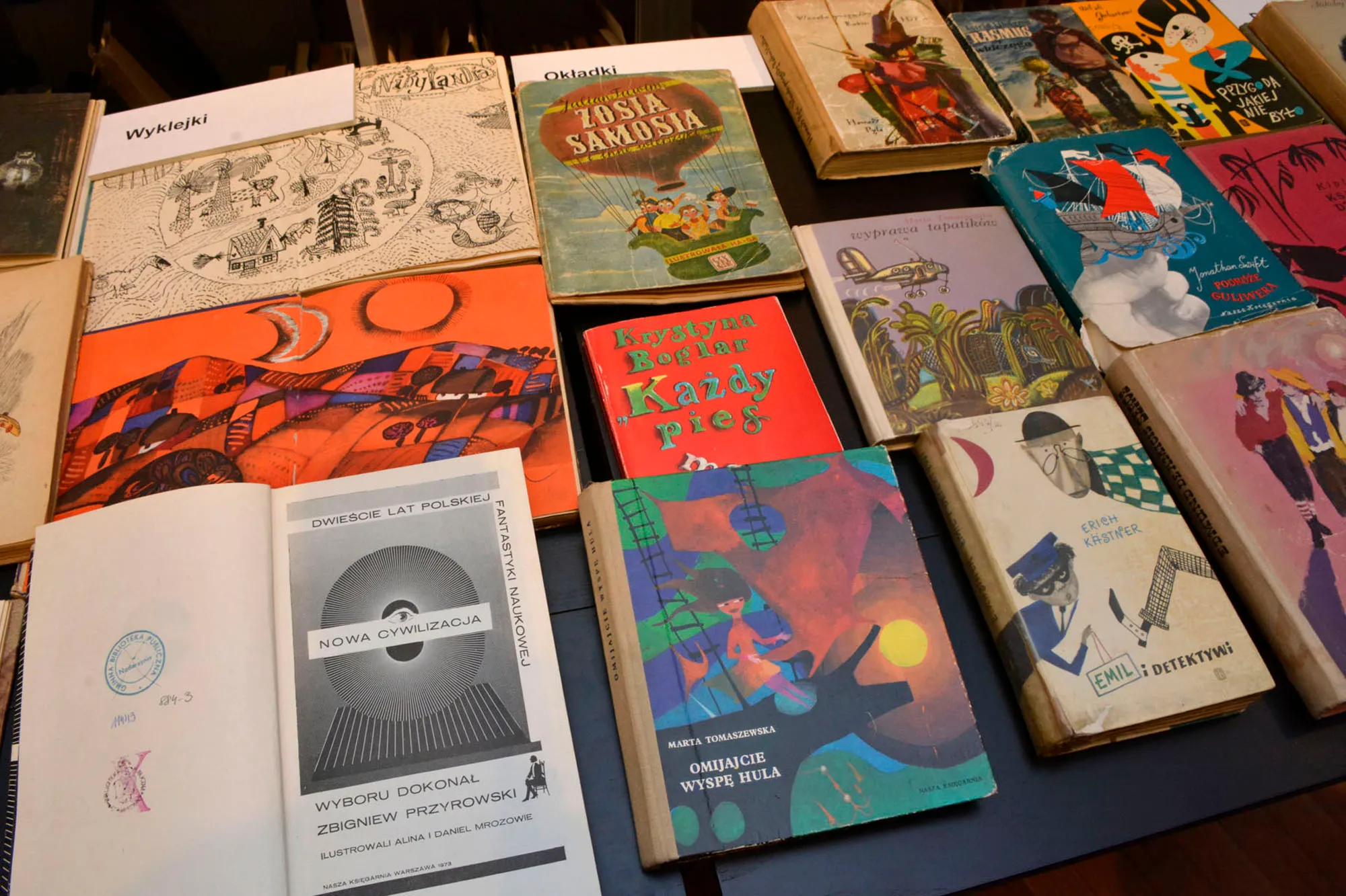 A collection of illustrated books with colorful covers and artwork displayed on a table