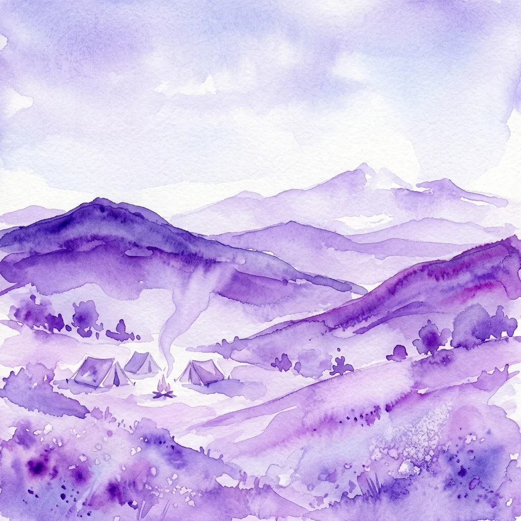Een paars aquarel van het Bieszczadygebergte met tenten en een kampvuur, ter herdenking van 100 jaar scouting in de regio.