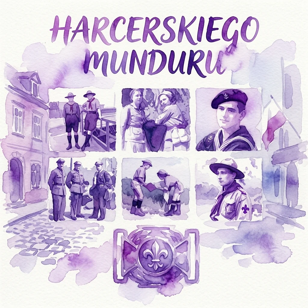 Waterverfillustratie van de geschiedenis van scoutuniformen, met diverse historische scoutoutfits en accessoires uit verschillende tijdperken, met de titel 'Harcerskiego Munduru' in paarse letters.