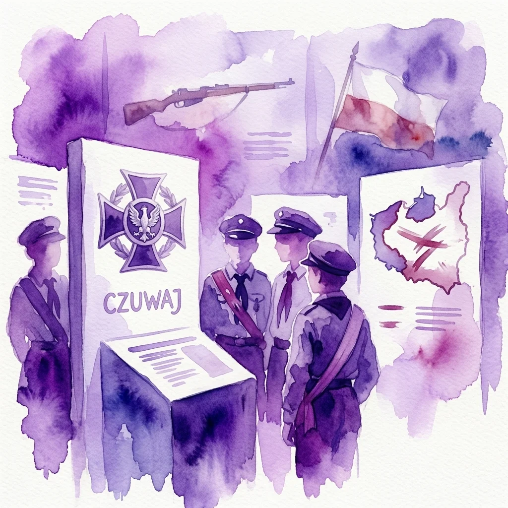 Waterverfillustratie van jonge Poolse padvinders in uniform op een historische tentoonstelling, met een geweer, Poolse vlag en een kaart van Polen met de tekst 'CZUWAJ' (Wees waakzaam), wat hun rol symboliseert in de Poolse onafhankelijkheid en grensverdediging van 1914-1921.