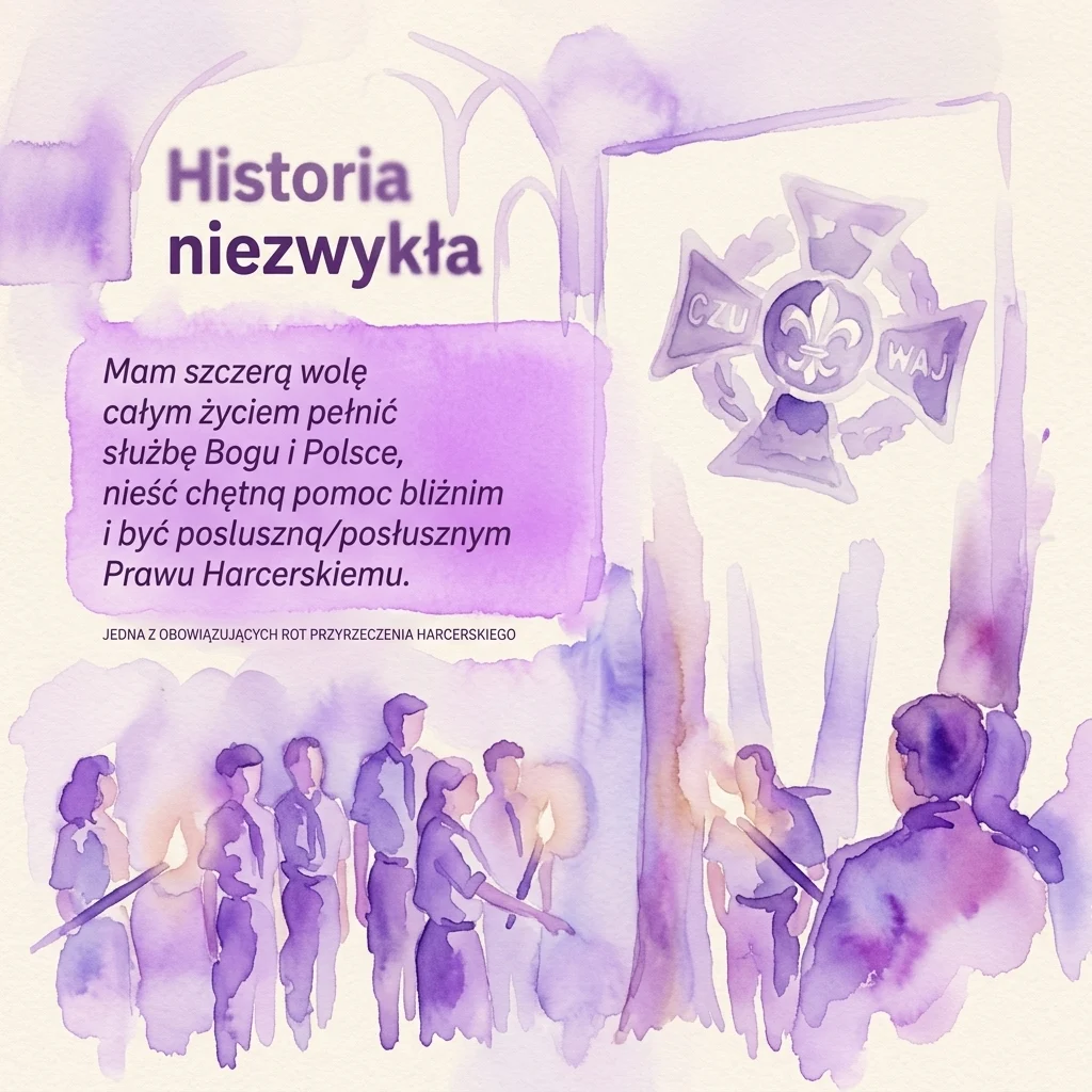 A watercolor illustration of the Hiker's Cross (Krzyż harcerski) with the text 'Historia niezwykła' and a scout oath, depicting a group of scouts in a reflective, educational museum exhibit setting.