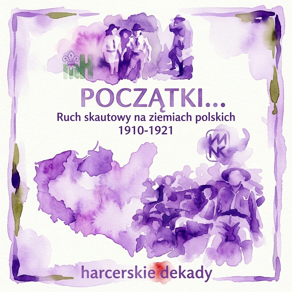 Waterverfillustratie van de tentoonstellingstitel 'Początki... Ruch skautowy na ziemiach polskich 1910-1921' met scoutingfiguren en een kaart van Polen, gebruikt als promotiemateriaal voor het Museum van Scouting.