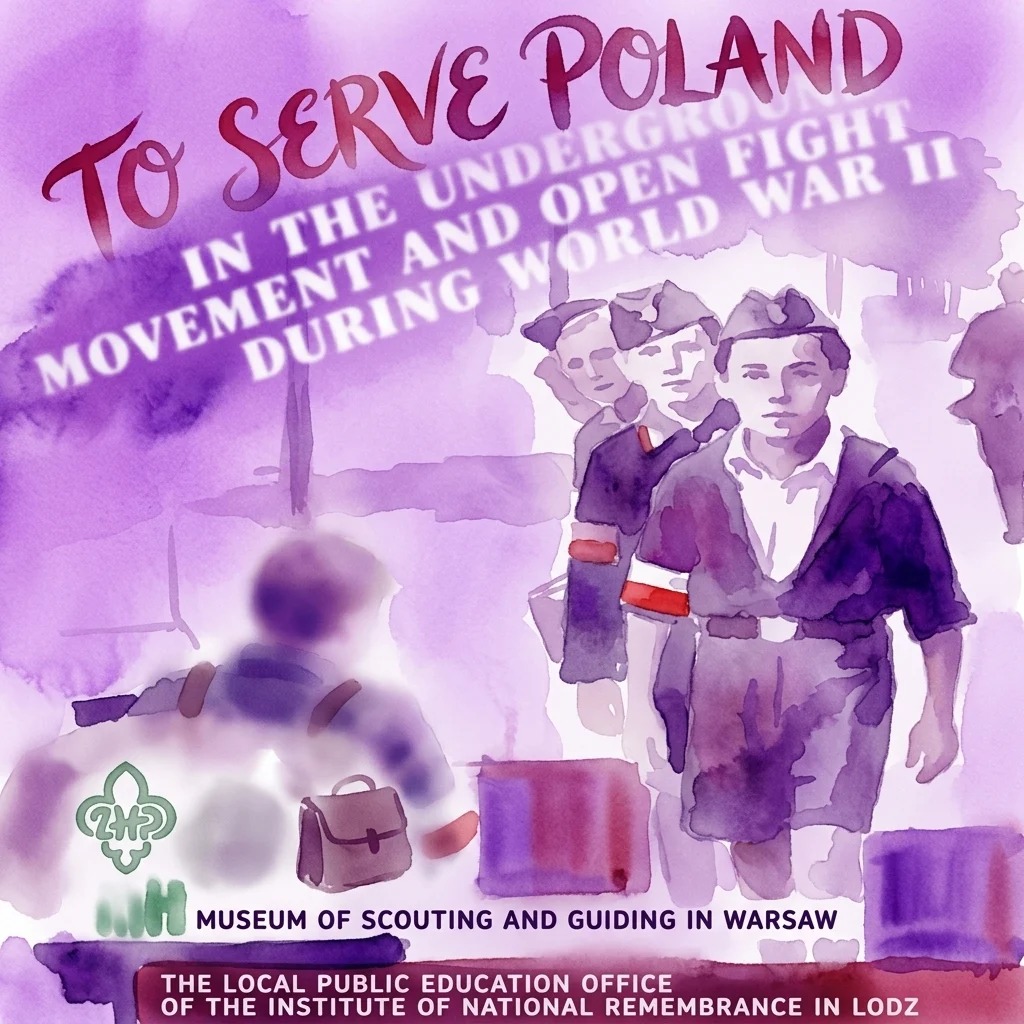 Een aquarelposter voor een tentoonstelling met de titel 'To Serve Poland in the Underground Movement and Open Fight During World War II', met Poolse scouts in uniform met een paars en wit kleurenschema, tentoongesteld in het Museum van Scouting en Gidsen in Warschau.