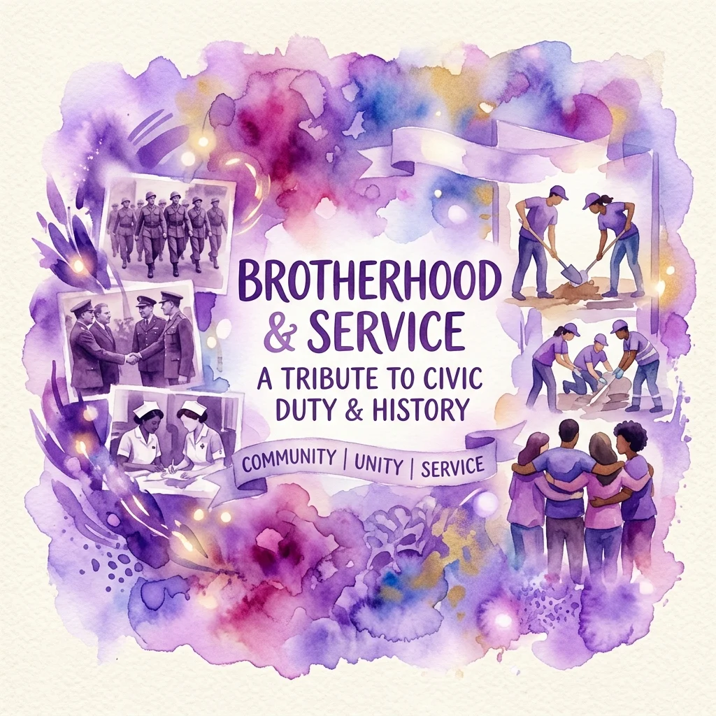 Een aquarelillustratie voor de tentoonstelling 'Broederschap & Dienstbaarheid', met archiefbeelden van scouts en moderne scènes van gemeenschapsdienst, met tekst ter ere van de burgerplicht en geschiedenis.