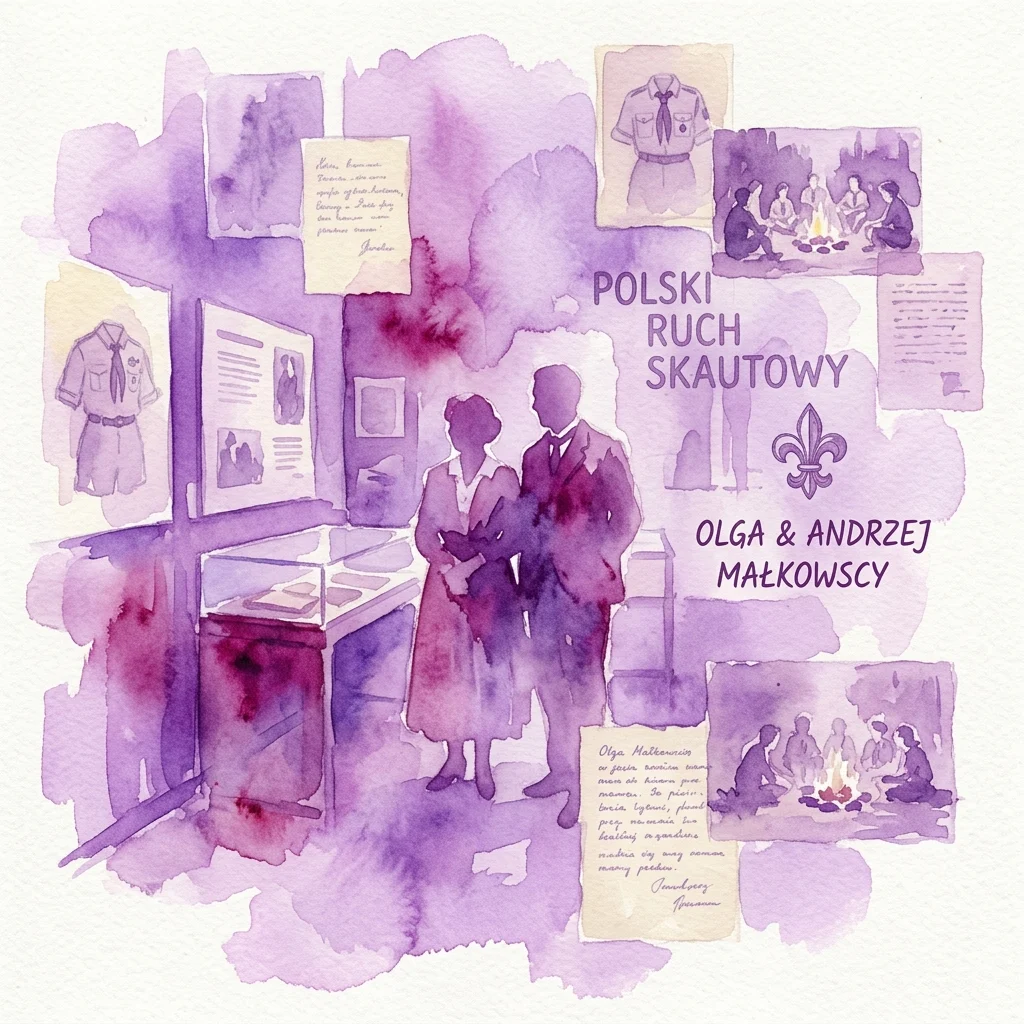 Illustratie van een museumtentoonstelling over de Poolse scoutingbeweging, met historische foto's, documenten en uniformen van Olga en Andrzej Małkowscy, met de tekst 'Polski Ruch Skautowy' en 'Olga & Andrzej Małkowscy'.
