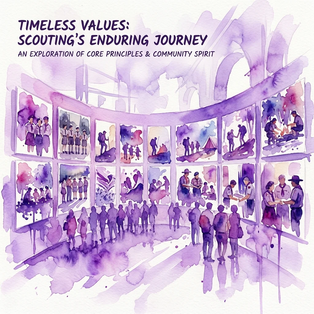 Waterverfillustratie van een tentoonstelling getiteld 'Timeless Values: Scouting's Enduring Journey' met 11 panelen met historische en hedendaagse foto's van scouts, bezoekers die de tentoonstelling bekijken, en een paars kleurenschema.