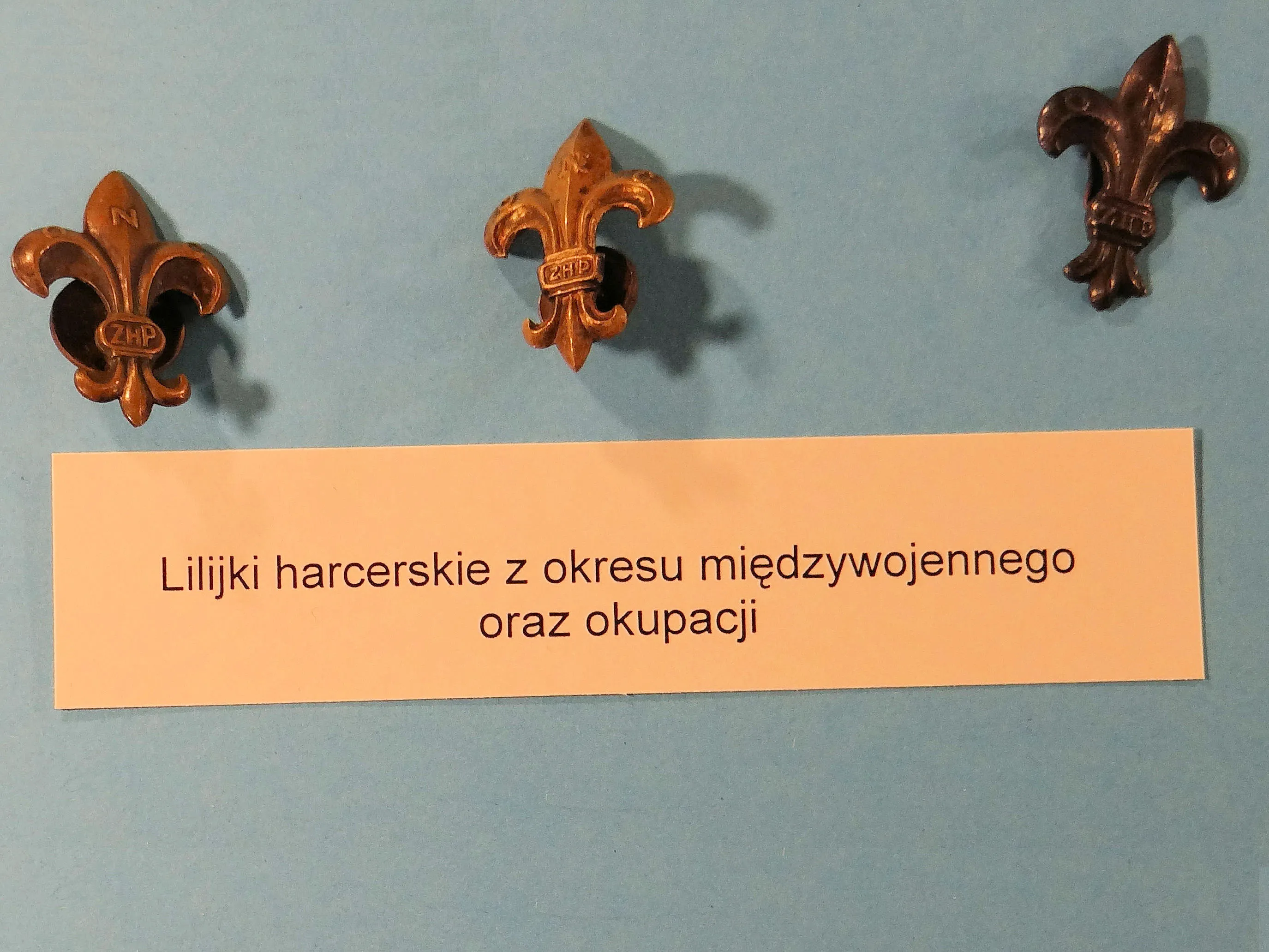 Tres pasadores de latón con forma de flor de lis sobre una pared azul con una etiqueta en polaco