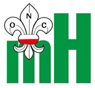 Witte fleur-de-lis met de letters 'O', 'N', 'C' en een rood-wit lint boven groene 'mH'-letters