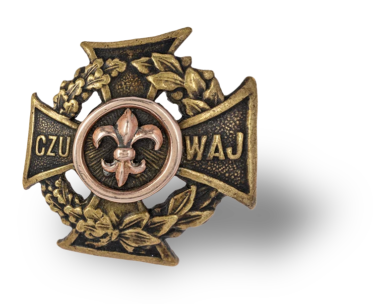 messing scouting insigne met fleur-de-lis embleem en lauwerkrans