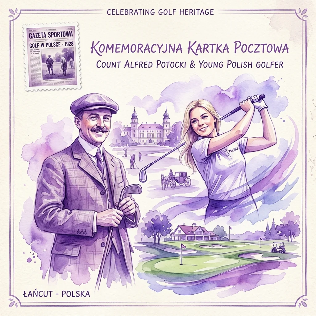 Commemorative postcard celebrating the 100th anniversary of golf in Poland, featuring Count Alfred Potocki and a young Polish golfer, with a postage stamp showing a 1928 sports newspaper clipping.