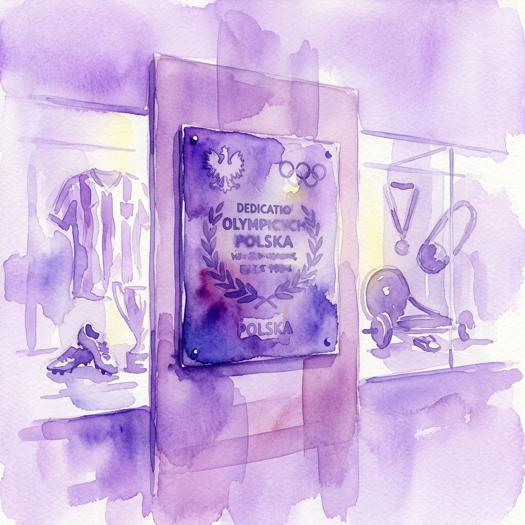 Una ilustración en acuarela de una placa conmemorativa para Jan Mulak en el Museo de Deporte y Turismo, rodeada de recuerdos deportivos que incluyen una camiseta, zapatos, medallas y una bicicleta, celebrando el centenario de su nacimiento.