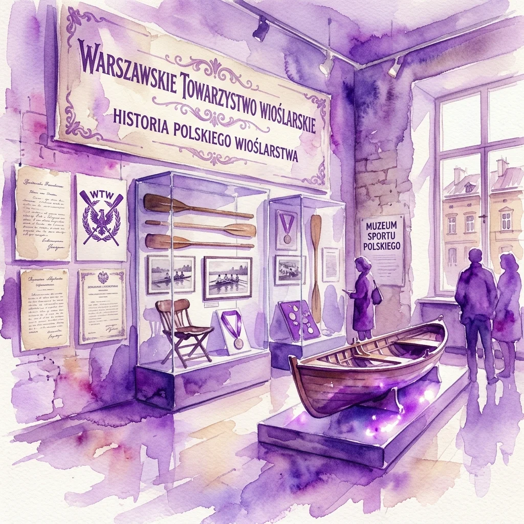 Waterverfillustratie van een museumtentoonstelling ter ere van 140 jaar Warsaw Rowing Association, met roeiriemen, medailles, foto's en een houten boot tentoongesteld.