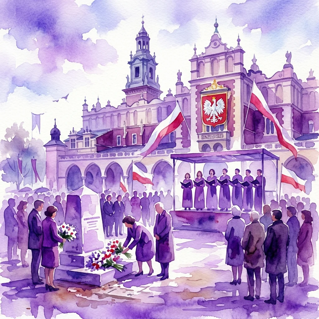 Una ilustración en acuarela de una solemne ceremonia conmemorativa en un sitio histórico, con personas depositando flores en un monumento y un coro actuando bajo banderas polacas y el escudo nacional.