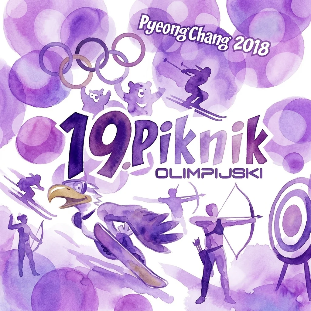 Ilustracja na 19. Piknik Olimpijski, którego tematem są Zimowe Igrzyska Olimpijskie PyeongChang 2018, przedstawiająca sporty zimowe, łucznictwo i maskotki olimpijskie w fioletowym stylu akwarelowym.