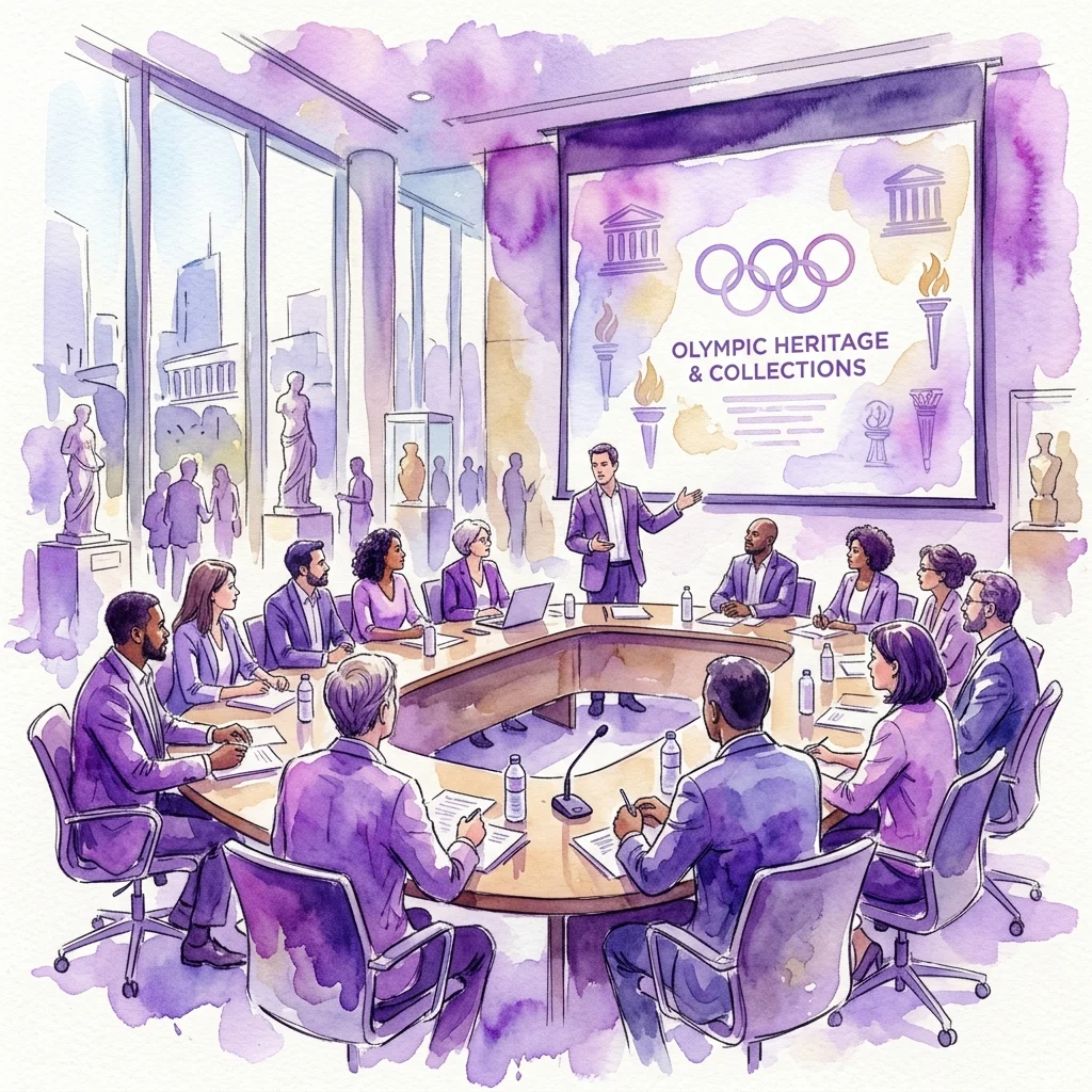 Een aquarelillustratie van een formele bijeenkomst in het United States Olympic and Paralympic Museum, met museumprofessionals die Olympische erfgoed en collecties bespreken rond een conferentietafel.