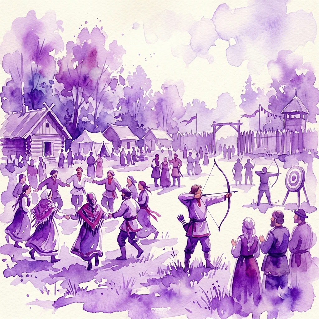 Ilustracja akwarelowa przedstawiająca inscenizację historyczną podczas 20. Pikniku Olimpijskiego w Warszawie, z ludźmi w słowiańskich strojach z epoki biorącymi udział w łucznictwie, tradycyjnych tańcach i grach w wiejskim otoczeniu.