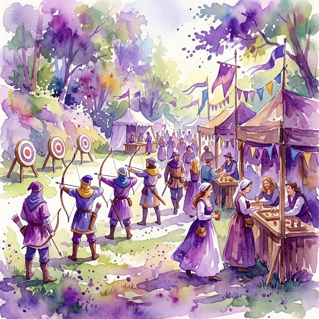 Ilustracja akwarelowa przedstawiająca historyczną inscenizację na 21. Pikniku Olimpijskim, z ludźmi w strojach inspirowanych słowiańską kulturą biorącymi udział w łucznictwie, grach i tradycyjnych rzemiosłach w parku.