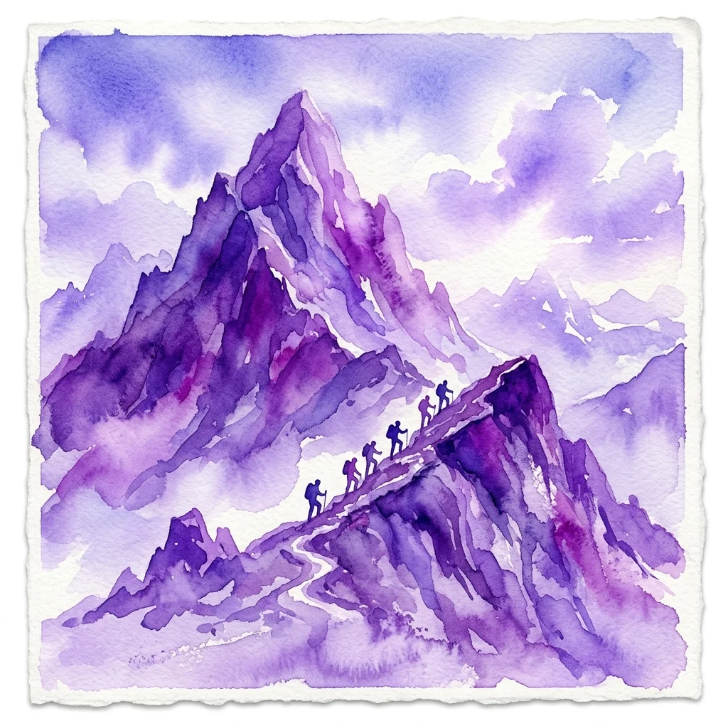 Een aquarelillustratie van klimmers die een ruige bergtop beklimmen onder een paarse hemel, symbool voor avontuur en doorzettingsvermogen bij verkenning op grote hoogte.