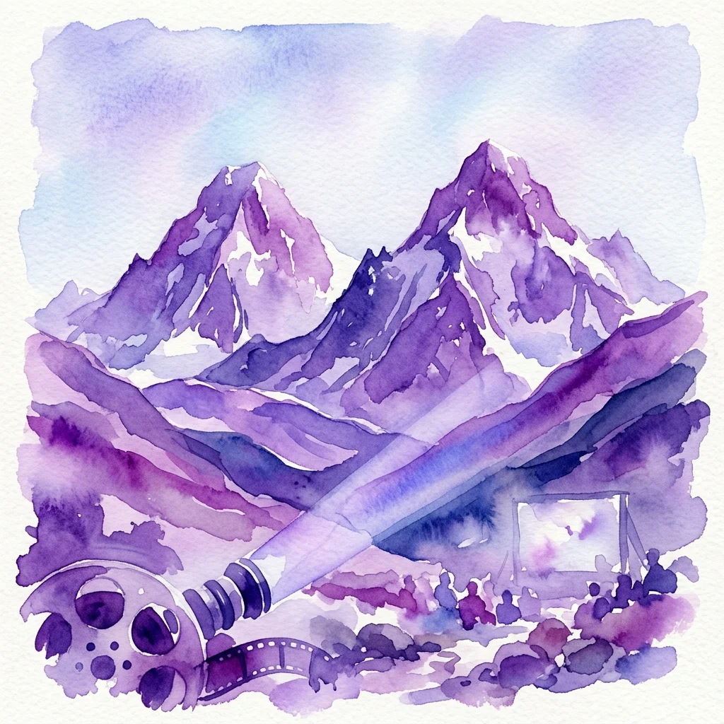 A watercolor illustration of purple mountain peaks with a film reel and projector in the foreground, representing the 22nd Alpine Film Review celebrating 40 years of Polish women's expeditions to the Gasherbrums.