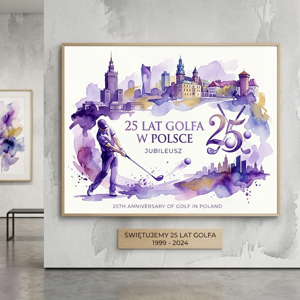 A framed watercolor artwork celebrating the 25th anniversary of golf in Poland, featuring a golfer, Polish landmarks, and the text '25 LAT GOLFA W POLSCE' displayed in a museum gallery.
