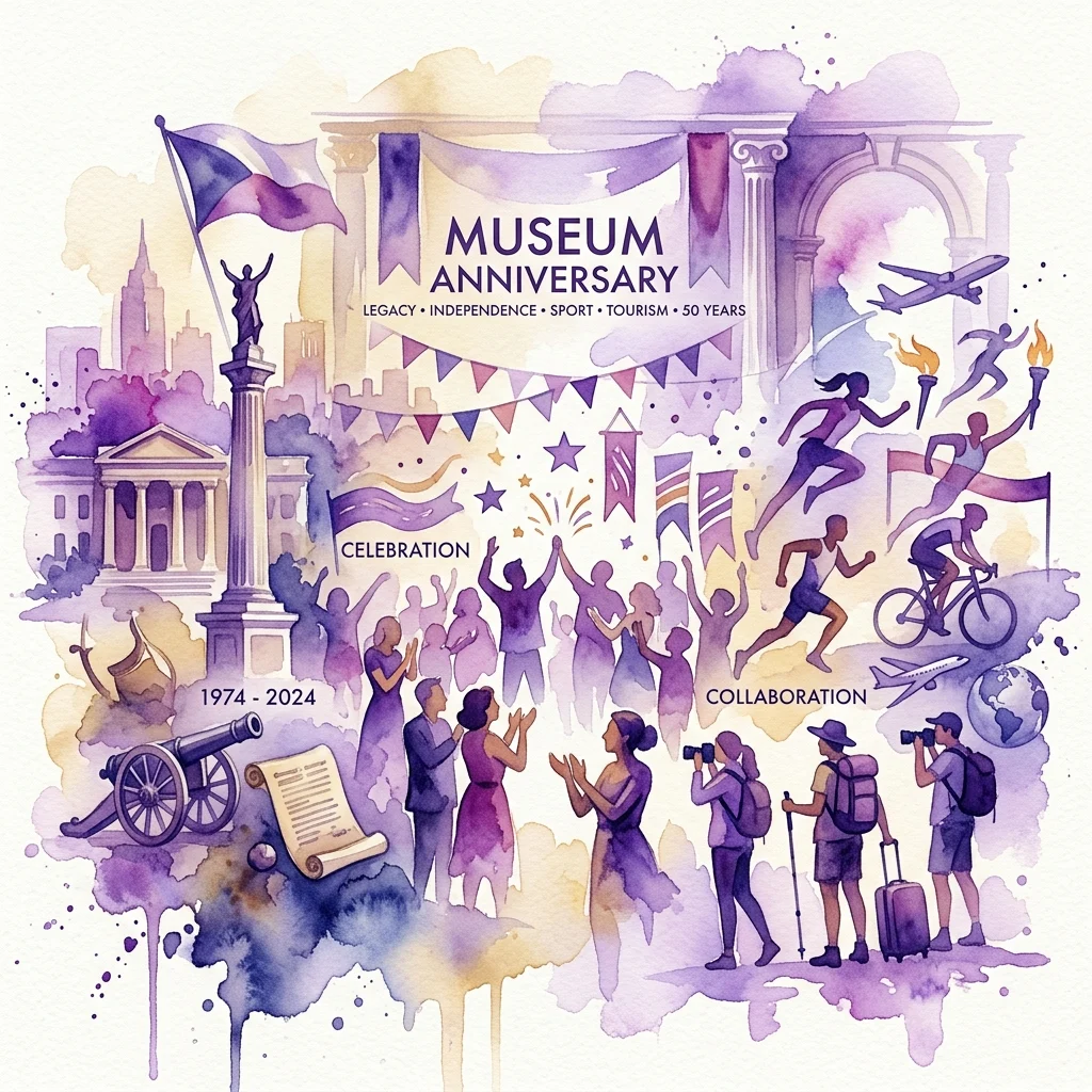 Waterverfillustratie ter ere van het 25-jarig jubileum van het Museum van Onafhankelijkheid, met historische artefacten, sport, toerisme en samenwerkingsthema's in een paars-gele kleurstelling.