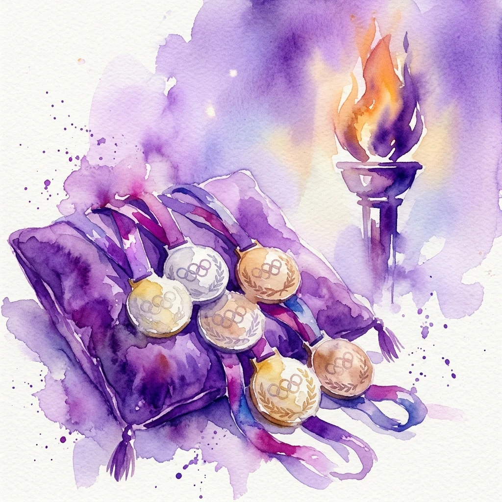 Ilustración en acuarela de medallas olímpicas sobre un cojín morado con una antorcha olímpica al fondo, conmemorando el 25 aniversario de los Juegos Olímpicos de Barcelona.