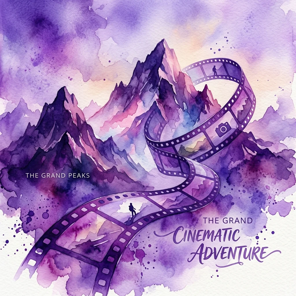 Een aquarelillustratie van een filmstrook die door bergtoppen slingert, met silhouetten van klimmers en een camera, die het thema van bergbeklimmingsfilms oproept.