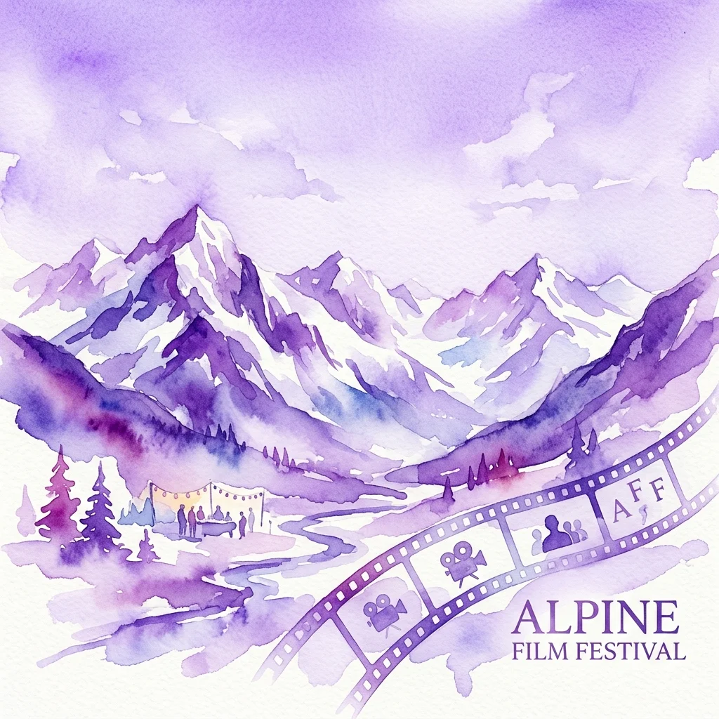 A watercolor illustration of snow-capped mountains with a filmstrip overlay, representing the Alpine Film Festival. The scene includes a tented gathering and the text 'ALPINE FILM FESTIVAL' and 'AFF' in purple.