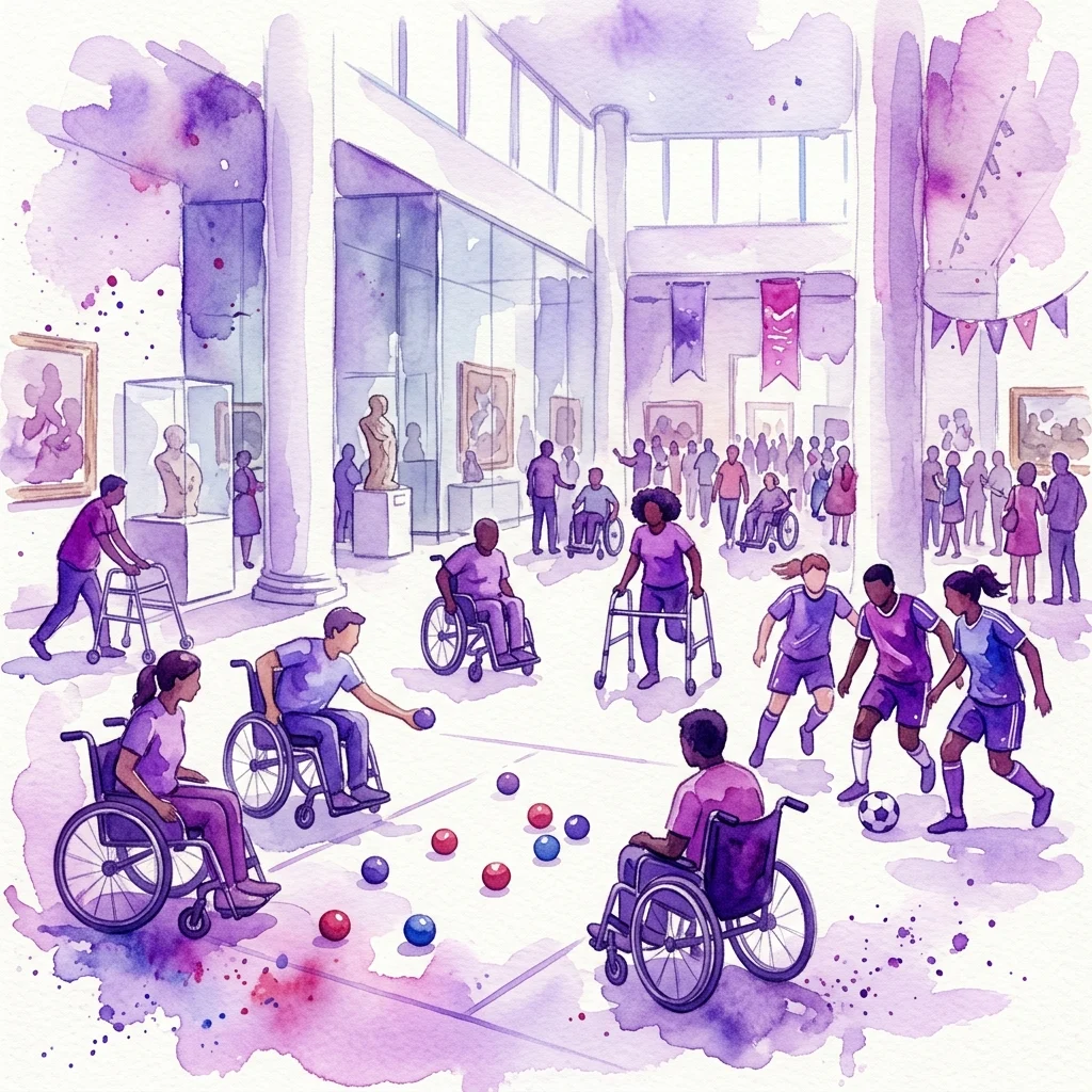 Ilustracja akwarelowa przedstawiająca zróżnicowane osoby z niepełnosprawnościami biorące udział w sportach adaptacyjnych, w tym w bocci i piłce nożnej, w galerii muzealnej.
