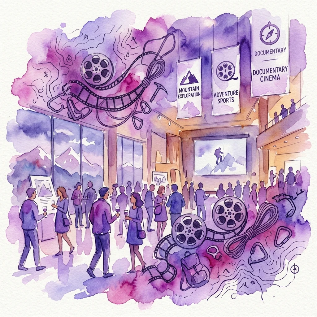 Waterverfillustratie van het 32e Wanda Rutkiewicz Film Festival, met filmrollen, klimuitrusting en spandoeken voor bergbeklimming en avontuurlijke sporten, met bezoekers op een museum evenement.