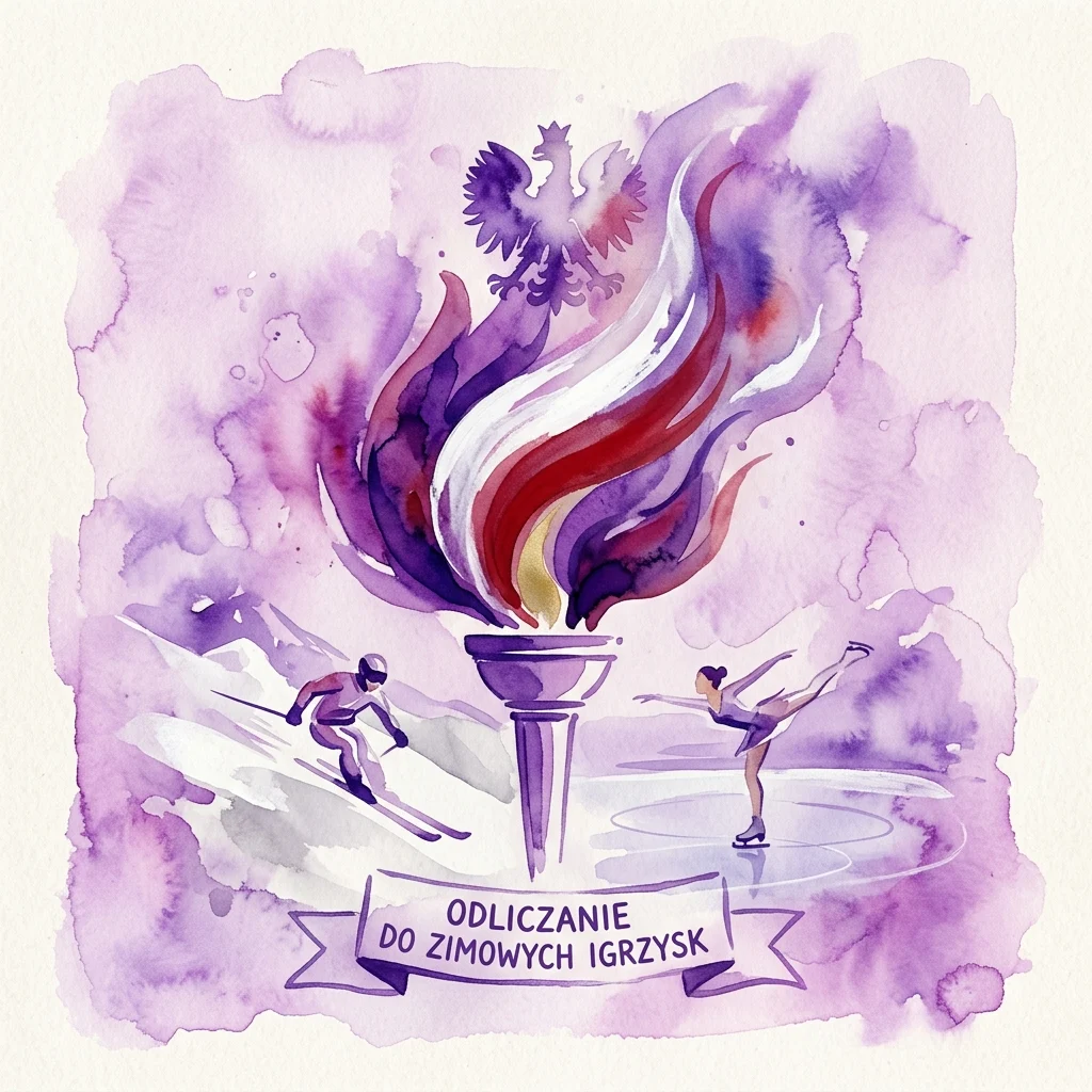 Ilustración en acuarela de la llama olímpica con los colores nacionales polacos, que presenta a un esquiador y una patinadora artística, y el texto 'ODLICZANIE DO ZIMOWYCH IGRZYSK' (Cuenta atrás para los Juegos de Invierno).
