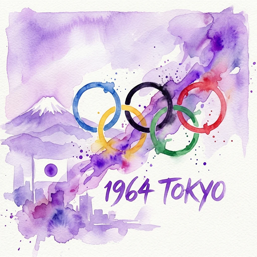 Ilustración en acuarela de los Juegos Olímpicos de Tokio de 1964 con los anillos olímpicos, el monte Fuji y la bandera japonesa, con un estilo artístico vintage.