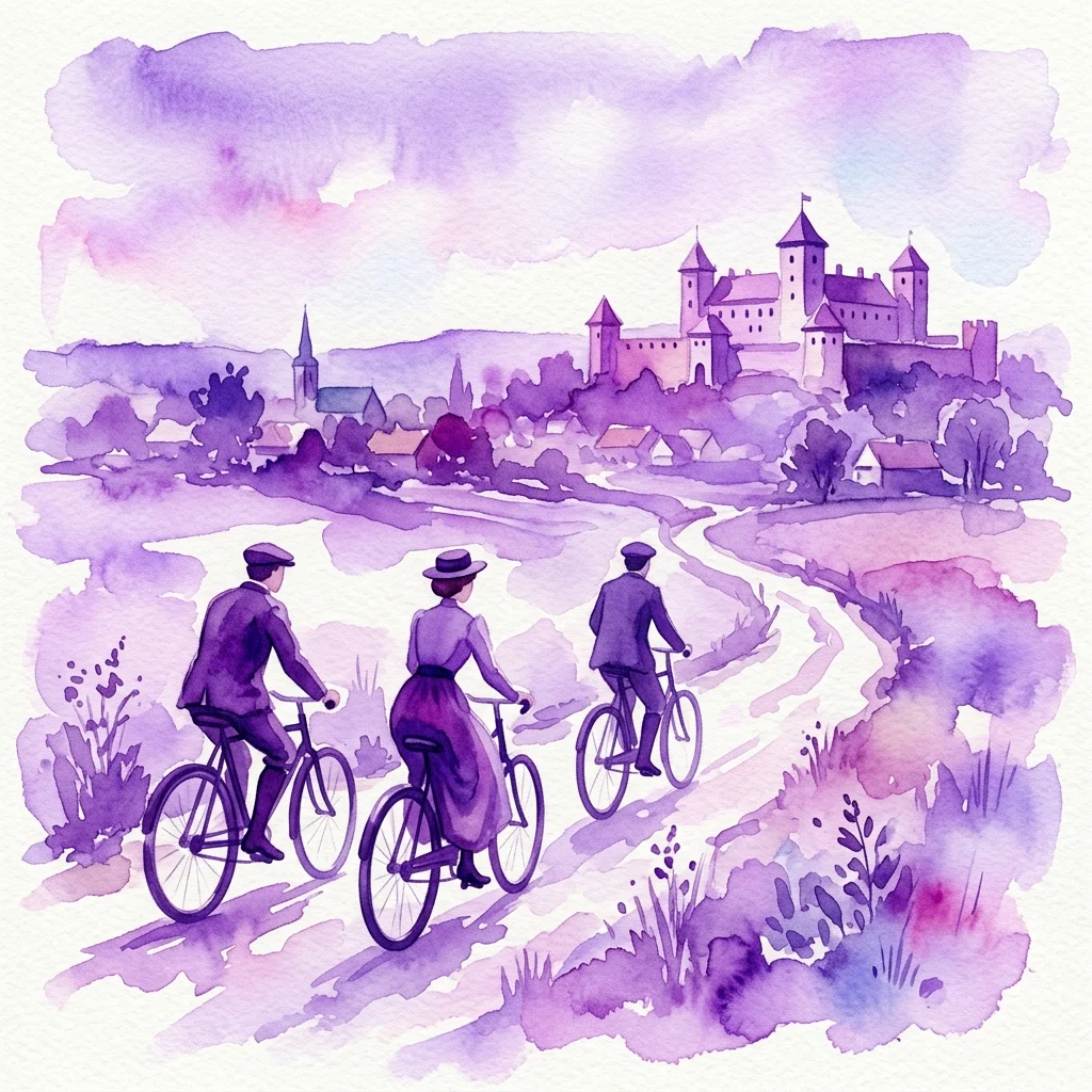 Waterverfillustratie van drie mensen die op een pad door een historisch landschap fietsen met een kasteel op de achtergrond, wat een 19e-eeuwse fietsreis door het Poolse Koninkrijk voorstelt.