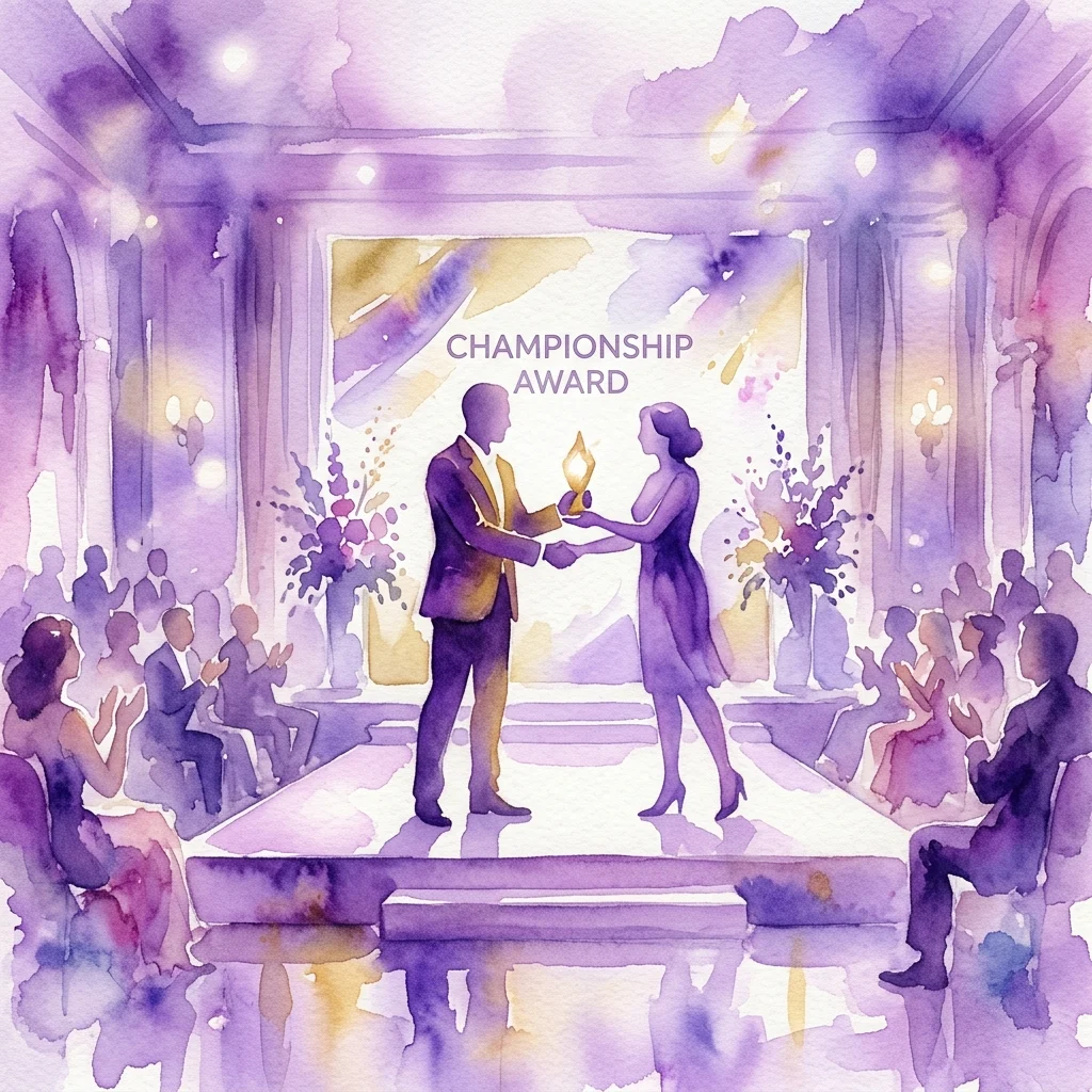 Una ilustración en acuarela de una ceremonia formal de entrega de premios donde un hombre con traje recibe un trofeo de una mujer en un escenario, con una audiencia aplaudiendo al fondo.
