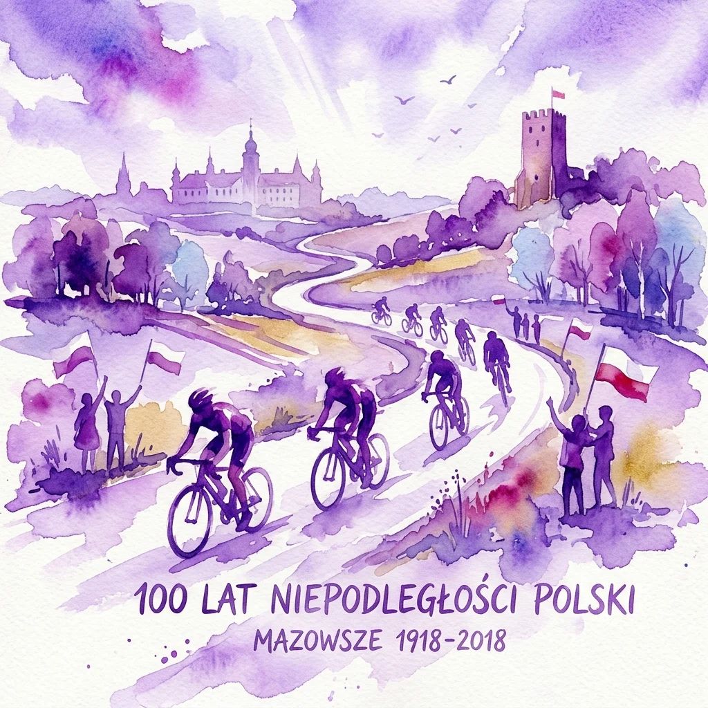 Waterverfillustratie van wielrenners op een schilderachtige route door Mazovië, Polen, met toeschouwers die Poolse vlaggen zwaaien en een kasteel op de achtergrond, ter herdenking van de 100ste verjaardag van de Poolse onafhankelijkheid (1918-2018).