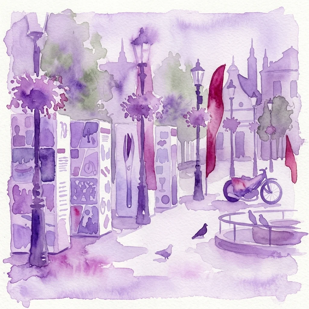 Watercolor illustration of an outdoor exhibition in a Polish city, featuring display panels with sports memorabilia, lampposts, a bicycle, and a red flag, commemorating 70 years of the Museum of Sport and Tourism.