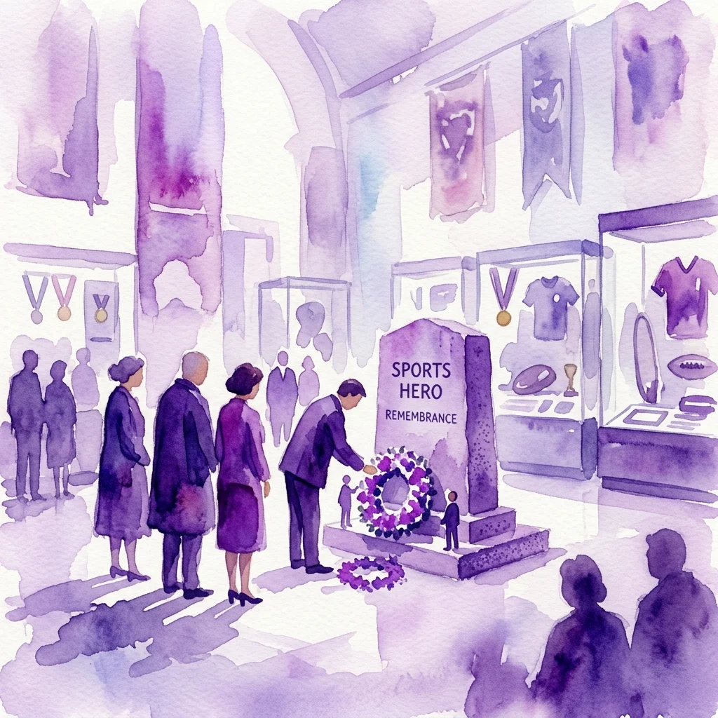 A watercolor illustration of a solemn wreath-laying ceremony at a monument labeled 'Sports Hero Remembrance' in a museum, with visitors observing and historical sports artifacts displayed in the background.