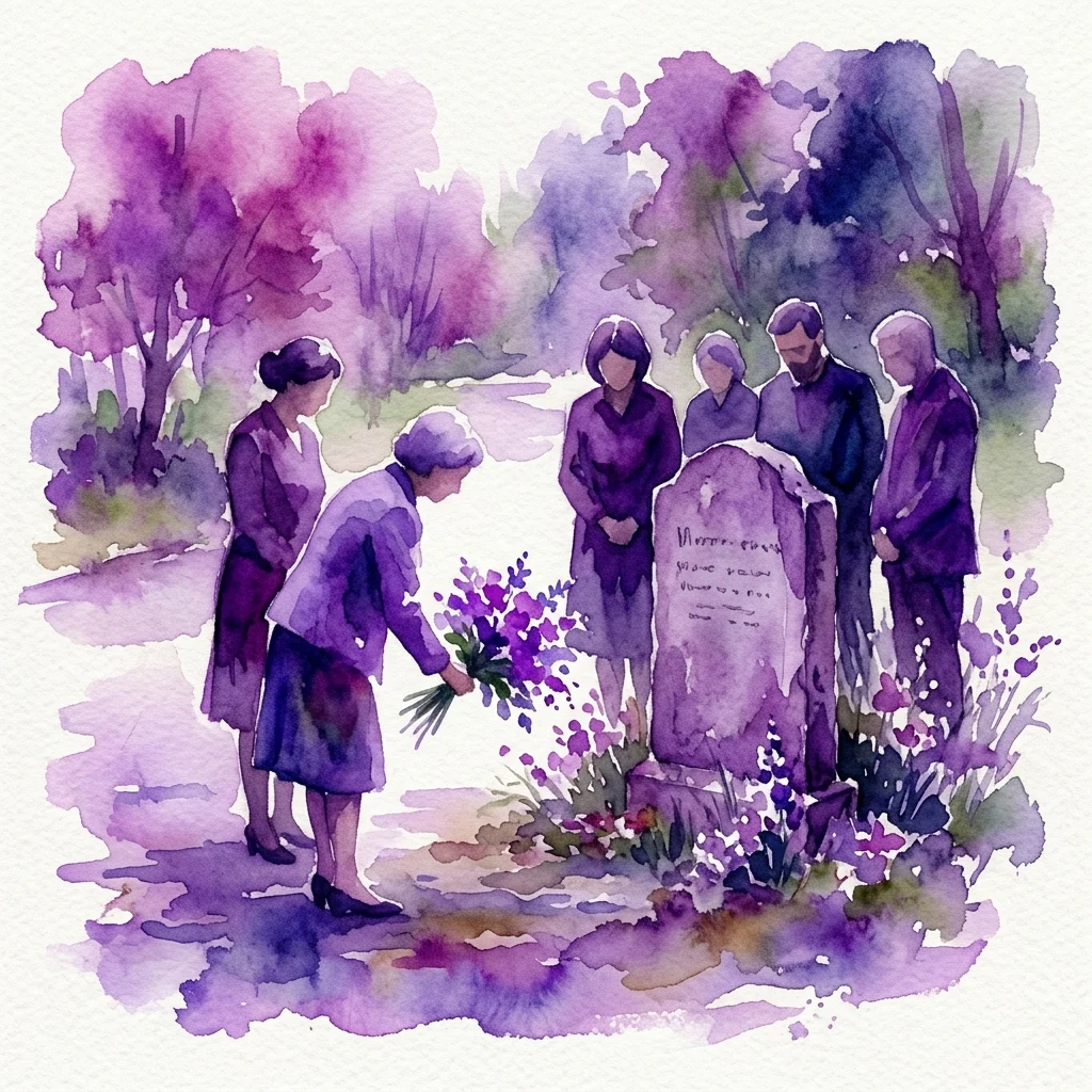 Una ilustración en acuarela de representantes del museo depositando flores moradas en la tumba de Janusz Kusociński, conmemorando el 83 aniversario de su muerte.