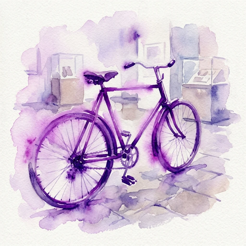 Ilustracja akwarelowa zabytkowego roweru w odcieniach fioletu, prezentowanego w otoczeniu muzealnym z gablotami w tle, przywołująca wystawę „90 lat kolarstwa na Mazowszu”.