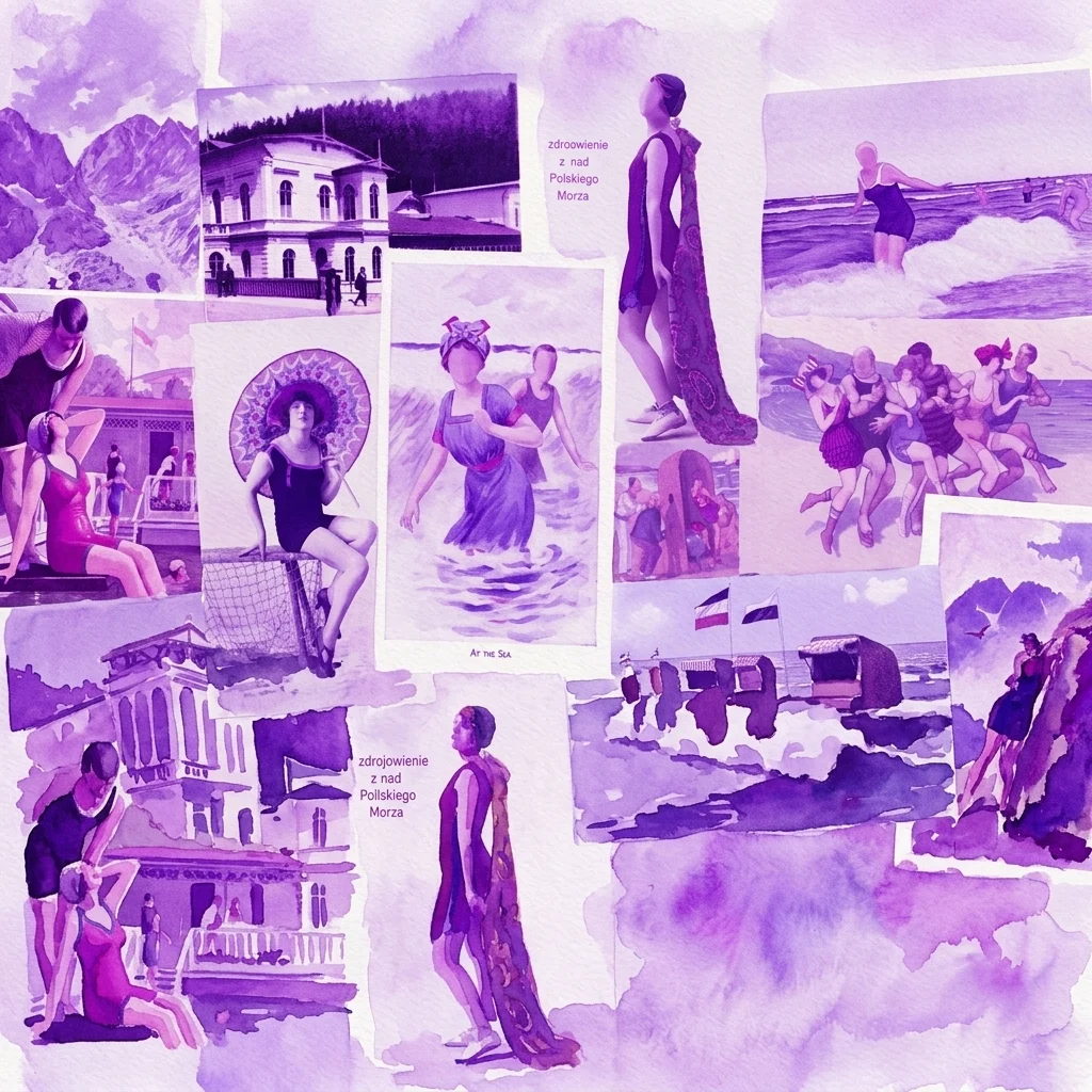 Un collage de postales vintage que representan resorts y actividades de ocio polacos de finales del siglo XIX y principios del XX, con gente en trajes de baño, paisajes pintorescos y arquitectura elegante.
