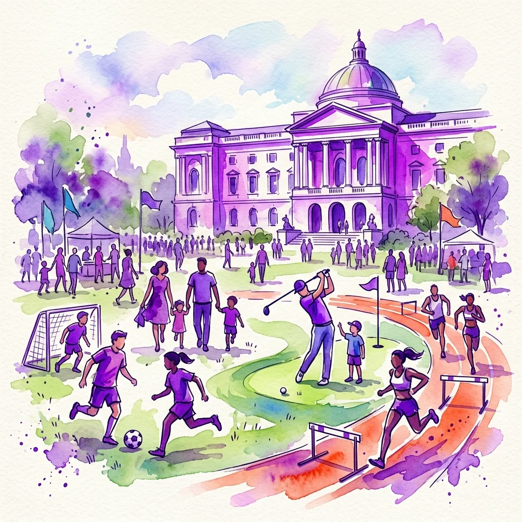Een levendige aquarelillustratie van een gezinsvriendelijk zomersportevenement voor een groots museumgebouw, met activiteiten zoals voetbal, golf en atletiek met diverse deelnemers.