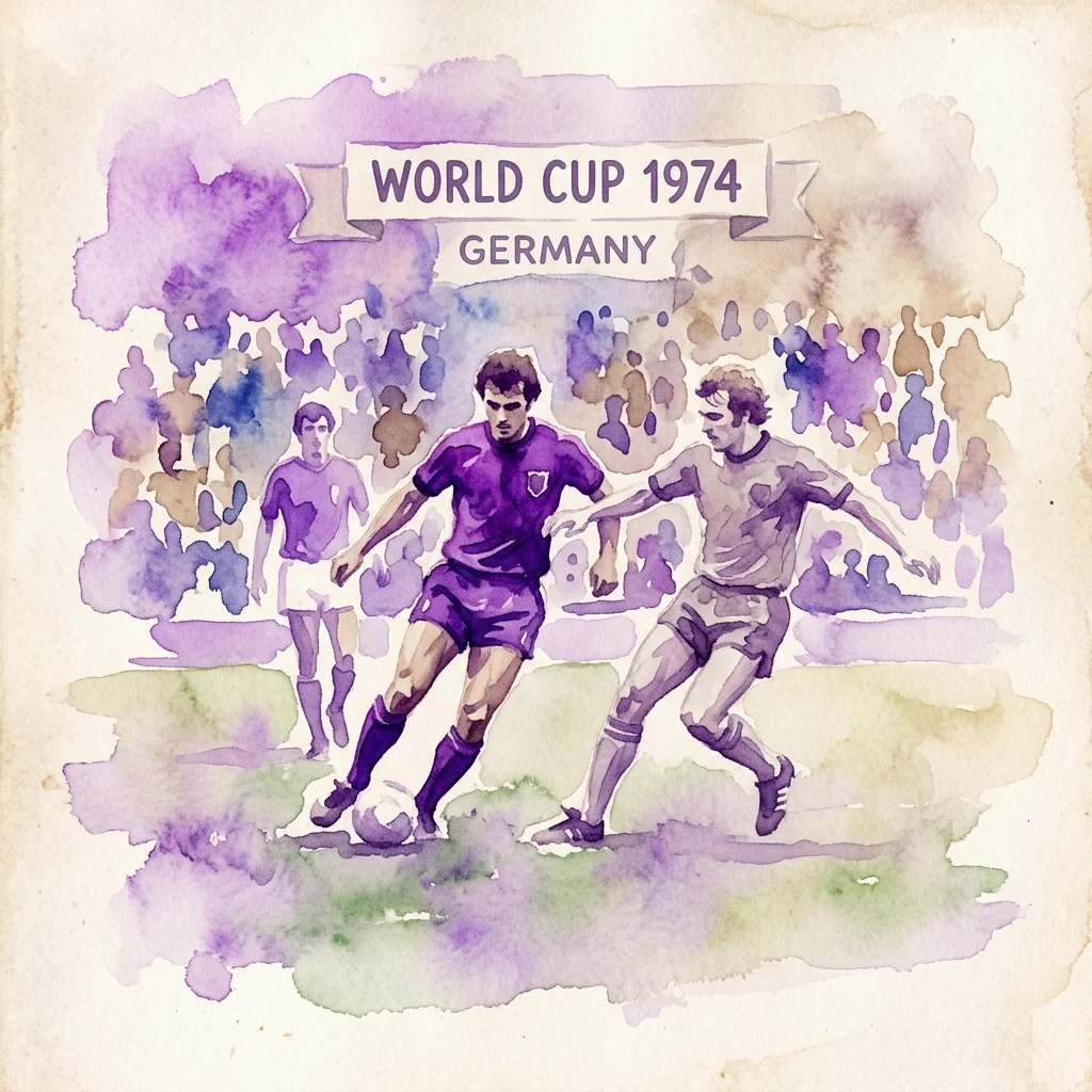 Ilustración en acuarela de un partido de fútbol de la Copa del Mundo de 1974 en Alemania, con jugadores con camisetas moradas y grises compitiendo por el balón, con una estética vintage en sepia.