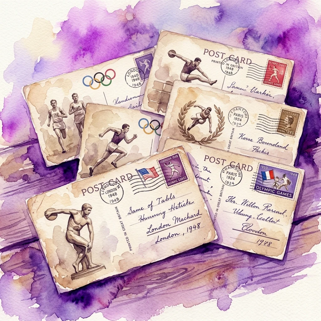 Ilustracja akwarelowa zabytkowych pocztówek olimpijskich przedstawiająca sportowców, kółka olimpijskie i znaczki z Londynu 1948, Paryża 1924 i innych igrzysk, ułożona na drewnianej powierzchni z fioletowym tłem akwarelowym.