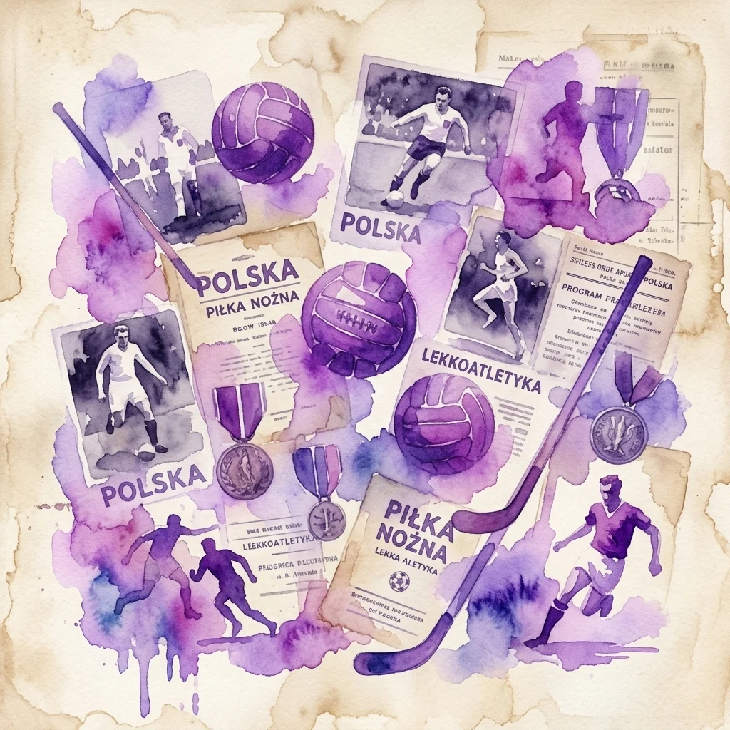 Un collage de acuarela de memorabilia deportiva polaca vintage del período de entreguerras, con atletas, medallas, equipamiento deportivo y documentos con texto 'Polska' y 'Lekkoatletyka' sobre un fondo sepia.